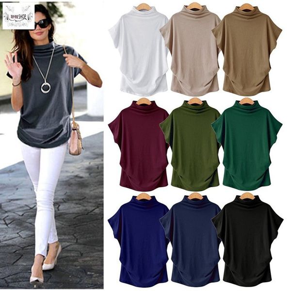

summer fashion large women's high collar bat short sleeve t-shirt, Black;gray