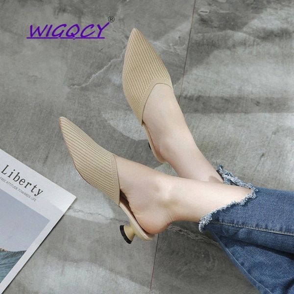 

knitted elastic mesh slippers women 2019 summer shoes women fashion pointed toe slides spike heels beige mules female shoes #gd0i, Black