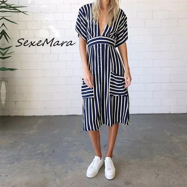 

2019 vintage striped v-neck backless women dress summer fashion button pockets empire dress1, Black;gray