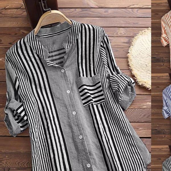 

h35 womens and blouses 2021 plus size three quarter striped blouse print v neck loose fit blouse ropa mujer moda, White