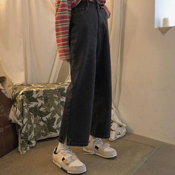 

high-waist jeans women's autumn hong kong-style straight tube loose and slim retro split wide-leg pants tide1, Blue
