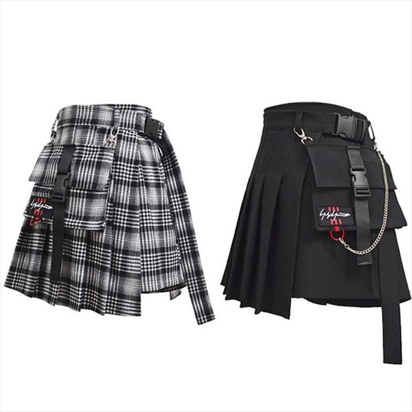 

women high waist shorts skirts lolita japan harajuku hard girl vintage plaid irregular pleated fashion mini bottoms with pocket, Black