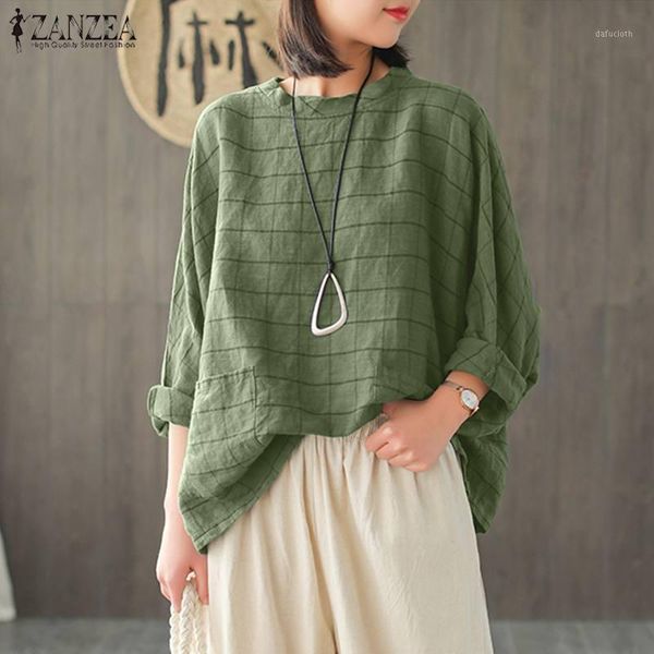 

plus size zanzea women blouse casual plaid checked shirt spring long sleeve loose vintage blusas tunic robe chemise mujer1, White