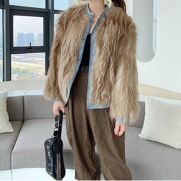 

real fur coat jacket for women winter denim coats with natural fur jacket female genuine short outwear clothing1, Black