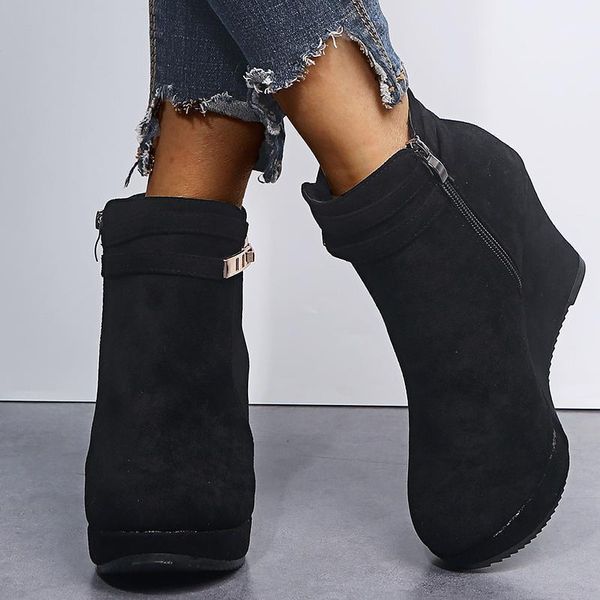 

super high heels platform boots for women boots fashion round toe suede wedges rubber ankle for women short1, Black