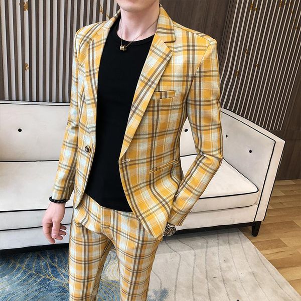 

men's suits & blazers plaid suit business 2 pieces men casual slim fit wedding groom smoking homme mariage terno tuxedo (jacket+pant), White;black