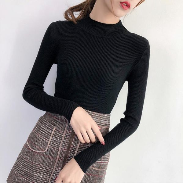 

half-necked knitted sweater cotton pullover long sleeve solid slim tight bottoming soft warm pull femme female autumn 20191, White;black