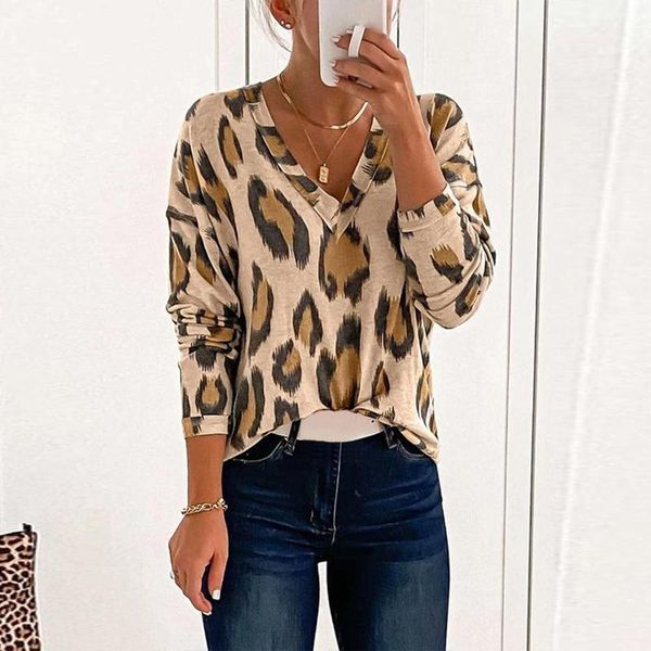 

fashion women leopard print autumn t-shirt female ladies v-neck long sleeves pullover bottoming t-shirt #31, White
