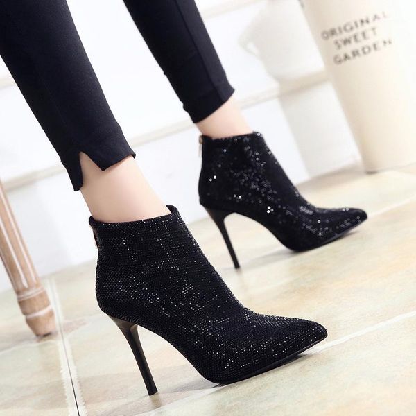 

boots brand women's shoes white mid-calf crystal round toe boots-women booties woman 2021 high heels winter footwear1, Black