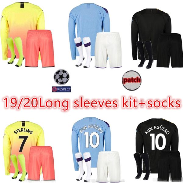 

new 19 20 manchester soccer jersey city men kit long sleeves kun aguero home away 3rd 2019 2020 sterling de bruyne football uniform, Black