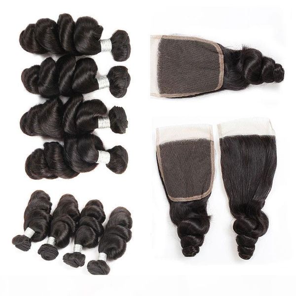 

10a peruvian virgin human hair loose wave with bundles unprocessed virgin human hair bundles with 4x4 lace closure natural color, Black