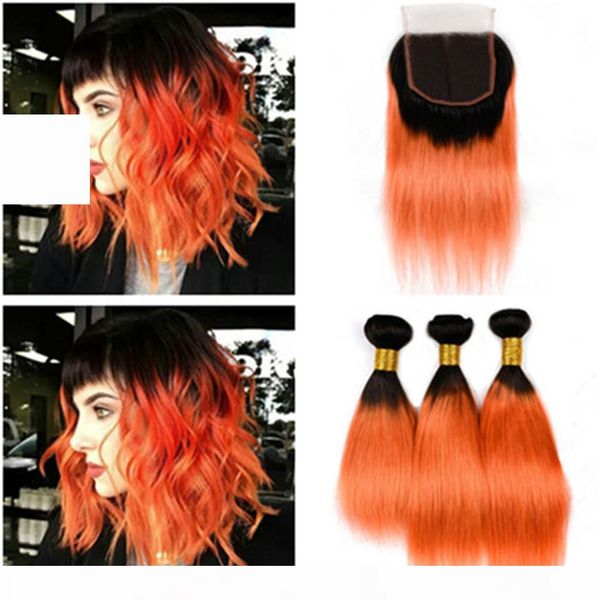 

malaysian orange ombre virgin hair bundles with closure silky straight two tone #1b orange ombre human hair weaves with 4x4 lace closure, Black