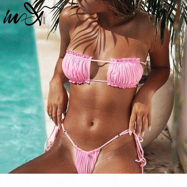 

in-x brazilian micro bikinis 2020 woman bathers yellow string swimsuit women bandeau swimwear strapless bathing suit swim