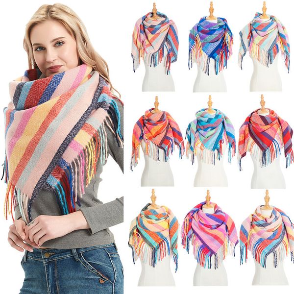 

sparsil women autumn stripe cashmere scarf double size tassel shawl pashmina warm neck triangle foulard blanket bandana winter 201026, Blue;gray