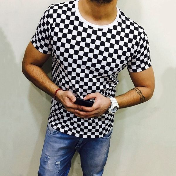 

men tshirt summer plaid printed round neck short sleeve t-shirt fashion casual slim male t shirt men's clothing ropa hombre, White;black