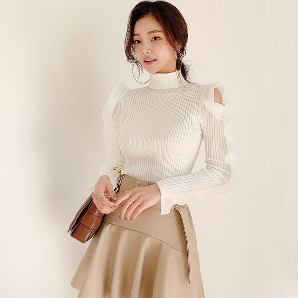 

new elegant winter 2021 fine-fitting knit high collar off the shoulder sew lace sleeve bottom sweater 0p5v, Tan;black