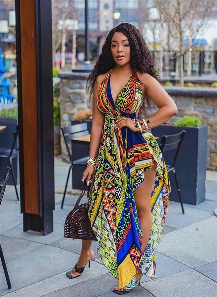 

2020 new summer fashion womens asymmetrical print dress ankle length hollow out bohemia slim long beach party dresses, Black;gray