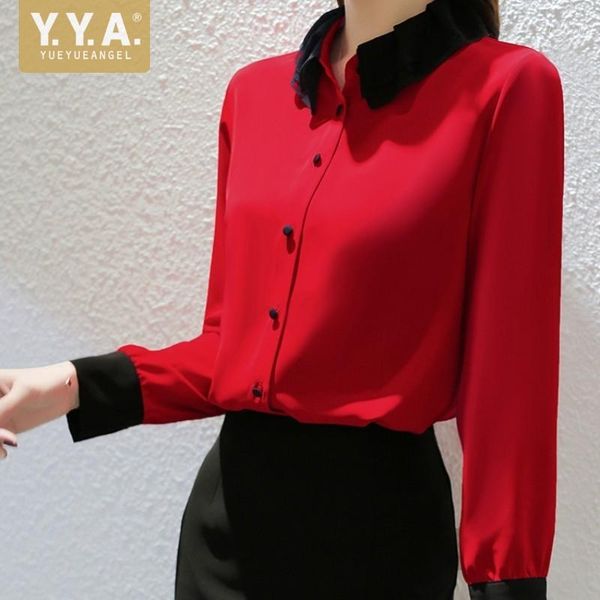 

women's blouses & shirts women red shirt designer patchwork ruffle lapel long sleeve office ladies single breasted formal blouse fashio, White