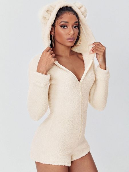 

zipper 3d ear patched hoodie flannel romper m4db#, White