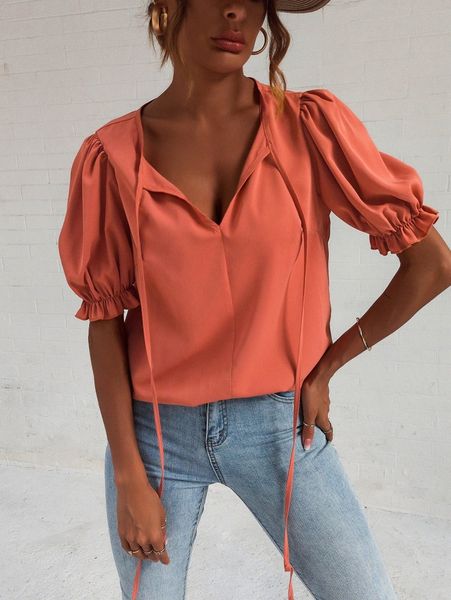 

tie neck puff sleeve blouse v1hf#, White