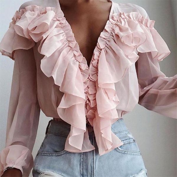 

spring summer ruffles chiffon blouse women ladies casual solid v neck pink shirt long sleeve blusas female, White