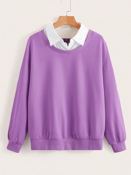 

solid contrast collar drop shoulder sweatshirt e5ho#, White;black