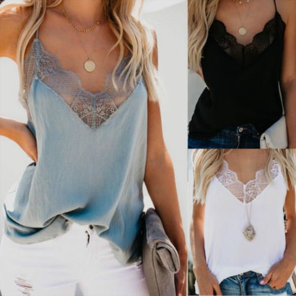 

women summer lace sleeveless vest blouse camis solid casual v neck halter spaghetti tank camisole ladies backless, White