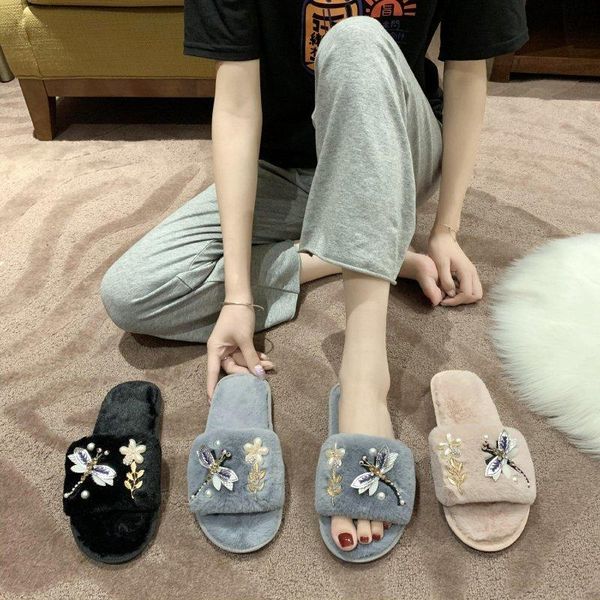 

slippers plush warm flat shoes female winter fur for women fashion crystal pearl fluffy slides plus size, Black