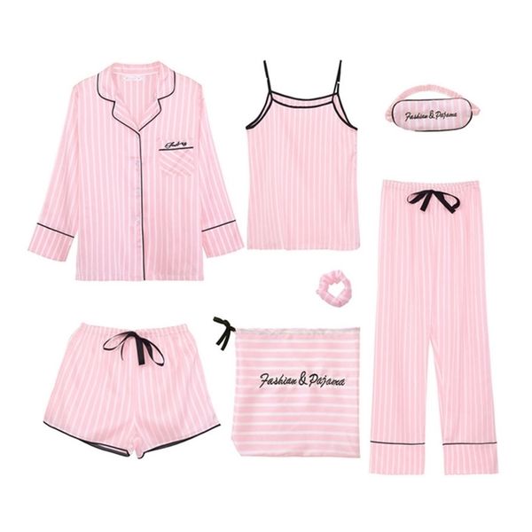 

7 pieces sets pajamas women lingerie robe set sleepwear faux silk striped pyjama sets spring summer autumn homewear 201113, Black;red