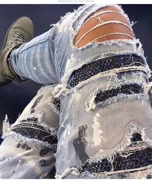 

men's jeans street hip-hop beggar trousers splashed paint drilled holes fashion denim pants, Blue