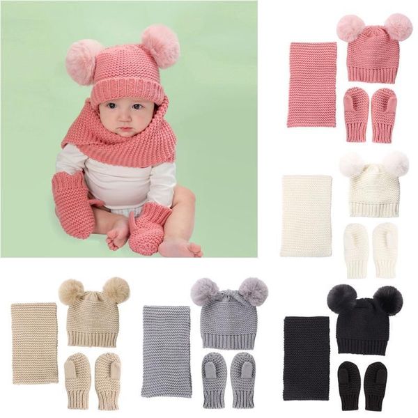 

hat scarf gloves set beanie cap children boys girls caps fake ball pompon keep warm winter knitted hat mittens1, Yellow