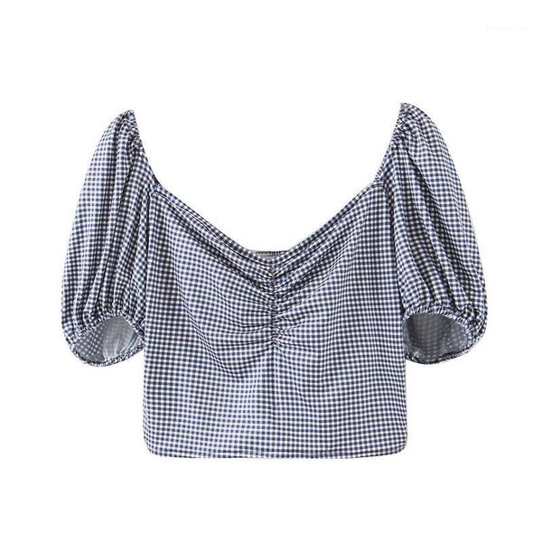 

women's blouses & shirts stylish sweet plaid print crop women's v neck short sleeve female blusas chic blouse 20211, White