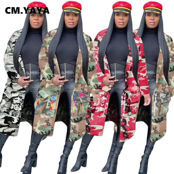 

cm.yaya winter trench full sleeve camouflage print coats casual fashion overcoat women windbreaker outer long bandage coat, Tan;black