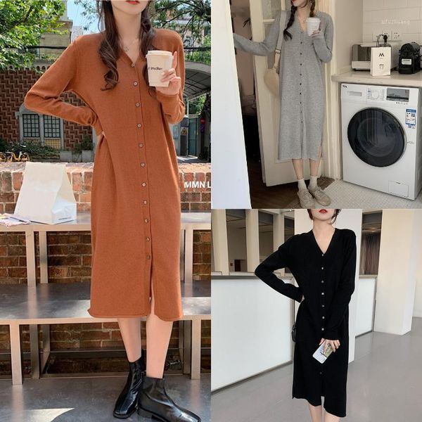 

women's korean style loose v-neck long sleeve slit knit dress one size1, Black;gray