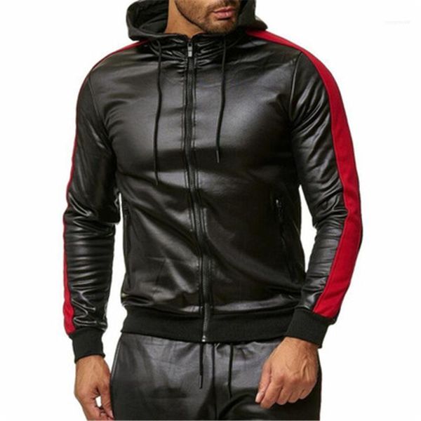 

spring casual slim outerwear man pu faux leather jackets fashion trend splicing long sleeve cardigan zipper hooded coats clothing male, Black