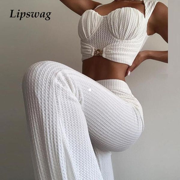 

ribbed sleeveless two piece sets women hollow out crop and casual long pants outfit fashion solid female 2 piece suits, Gray