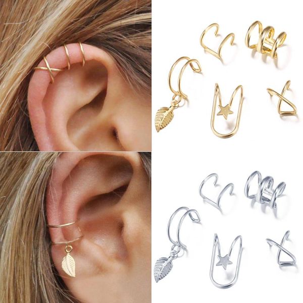 

5pcs/set ear cuff gold leaves non-piercing ear clips fake cartilage earring jewelry for women men wholesale gifts, Golden;silver