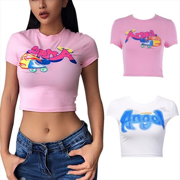 

girls short sleeve summer tshirt slim short cropped navel shirt women angel cute print t shirt, White