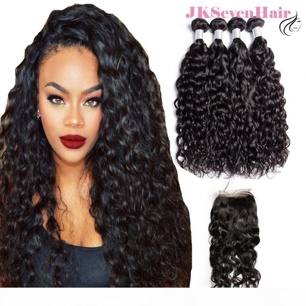 

maylaysian virgin hair bundles 4pcs with 4x4inch lace closure 10a grade curly wave peruvian malaysian hair wefts with part closure, Black