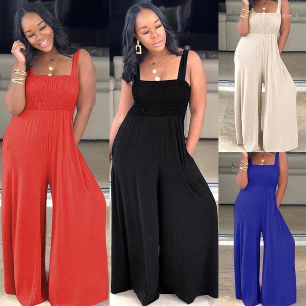 

2020 large size women's casual solid color square collar loose sleeveless wide leg jumpsuit women1, Black;white