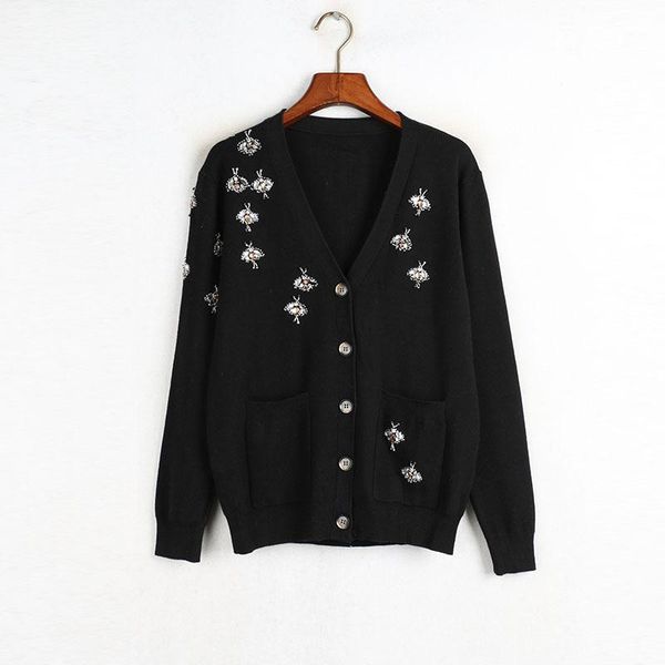 

luxury designer brand knitted sweater for women v neck rhinestone beading bee cardigan black1, White;black