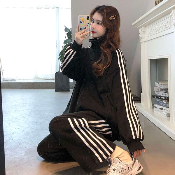 

vipcasual style 4-bar polar fleece plush thick coat corset loose pants 2-piece korean sports suit, Gray