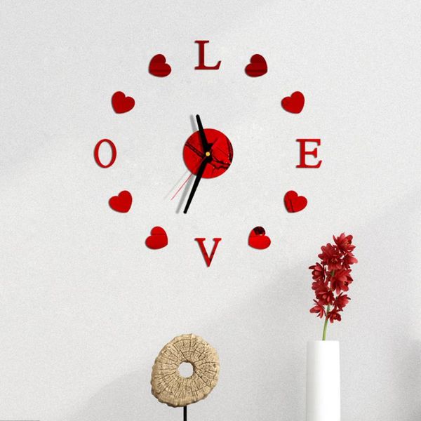 

love new clock watch diy 3d mirror surface sticker wall clock living room home office decoration cute valentine's day gift