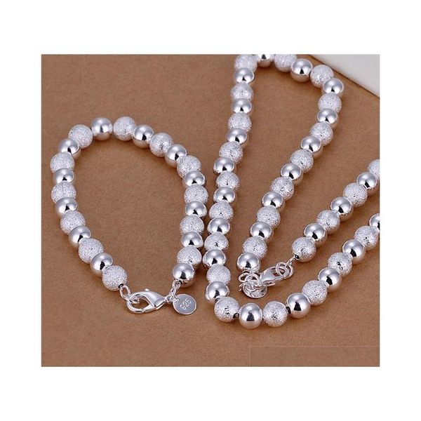 

s056 factory price 925 sterling silver plated frosted beads chain necklace & bracelet fashion jewelry sets wedding gift shipping 0rcss