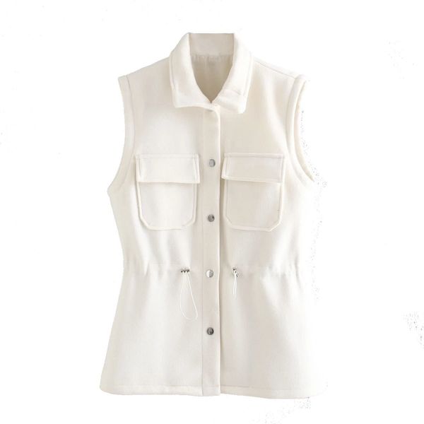 

new streetwear women solid woolen drawstring vests 2021 fashion ladies stand collar button coats causal female chic pocket outercoat, Black;white