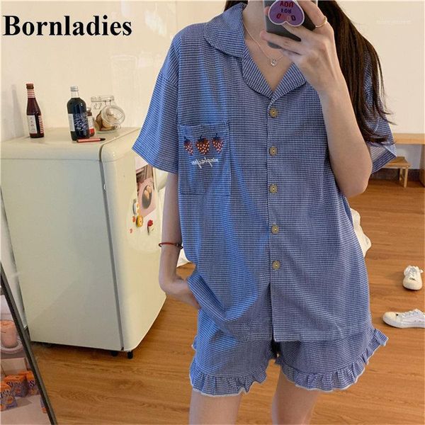 

women's sleepwear bornladies 2021 embroidery strawberry girlfriend pajamas suits home clothes plaid sweet all match loose geometric sle, Black;red