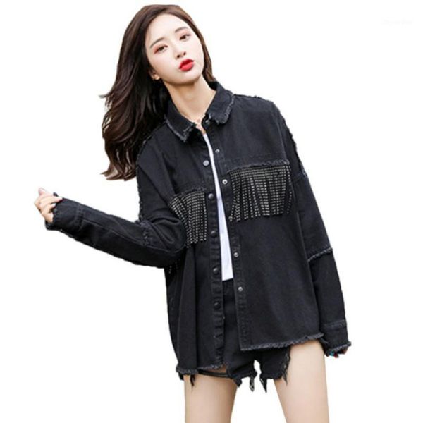 

autumn new women jacket beaded tassel stitching black loose slim fit jacket women fashion wild denim coat1, Black;brown