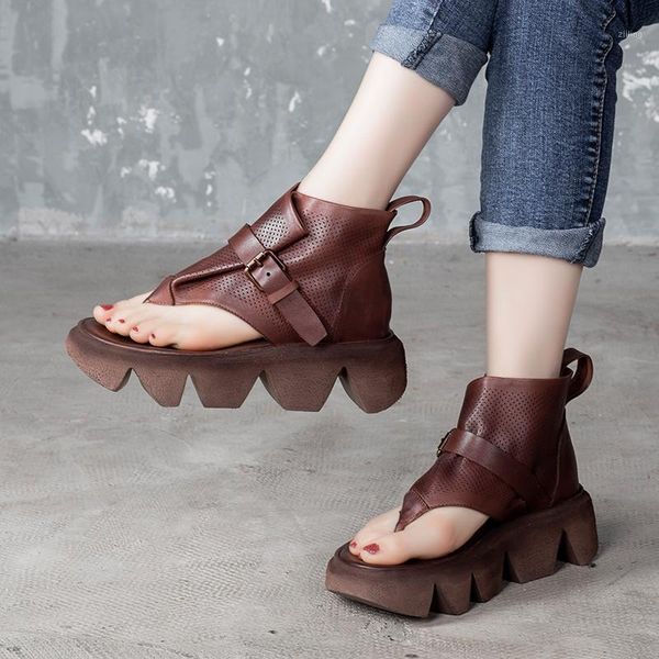 

sandals retro women's shoes cowhide 2021 summer thick bottom muffin herringbone toe leather1, Black