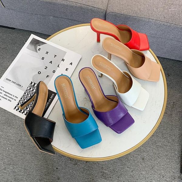 

2020 summer fashion flip flops women high heel outside slippers shoes solid pu leather thin heels pumps square toe candy color1, Black