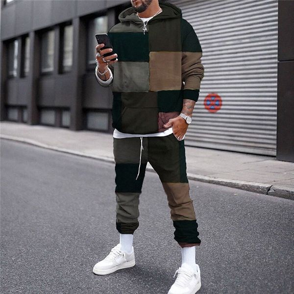 

men's 3d hoodies set plaid graphic print hooded casual daily 3d print casual streetwear hoodies sweatshirts long sleeve purple khaki re, Gray